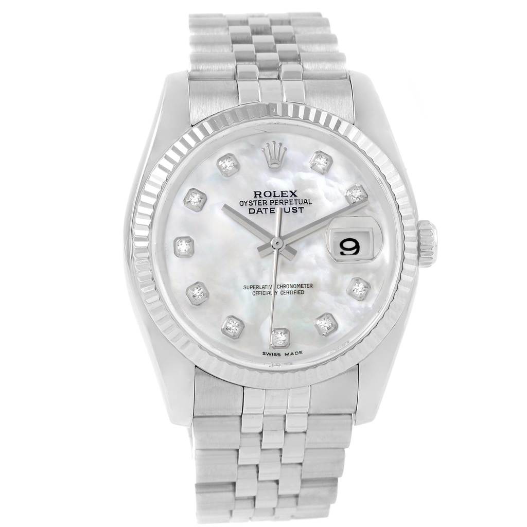 This image shows a front view of a Rolex Datejust 116234 Men
s Stainless Steel Mother of Pearl Dial 116234 Men
s Stainless Steel Mother of Pearl Dial watch, displaying its face, bracelet, and bezel.
