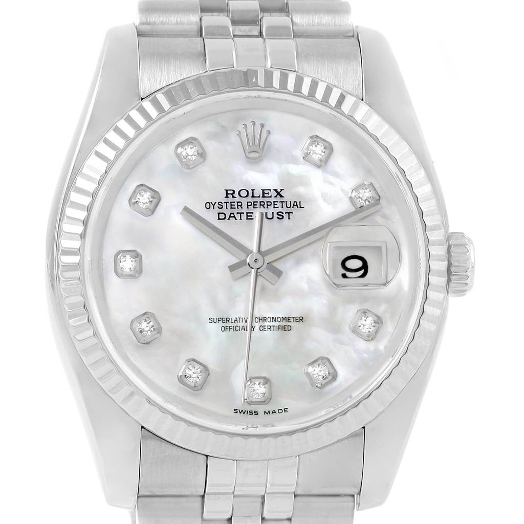 The image shows a close-up, front view of a Rolex Datejust 116234 Men
s Stainless Steel Mother of Pearl Dial 116234 Men
s Stainless Steel Mother of Pearl Dial watch, highlighting the dial, bezel, and bracelet.