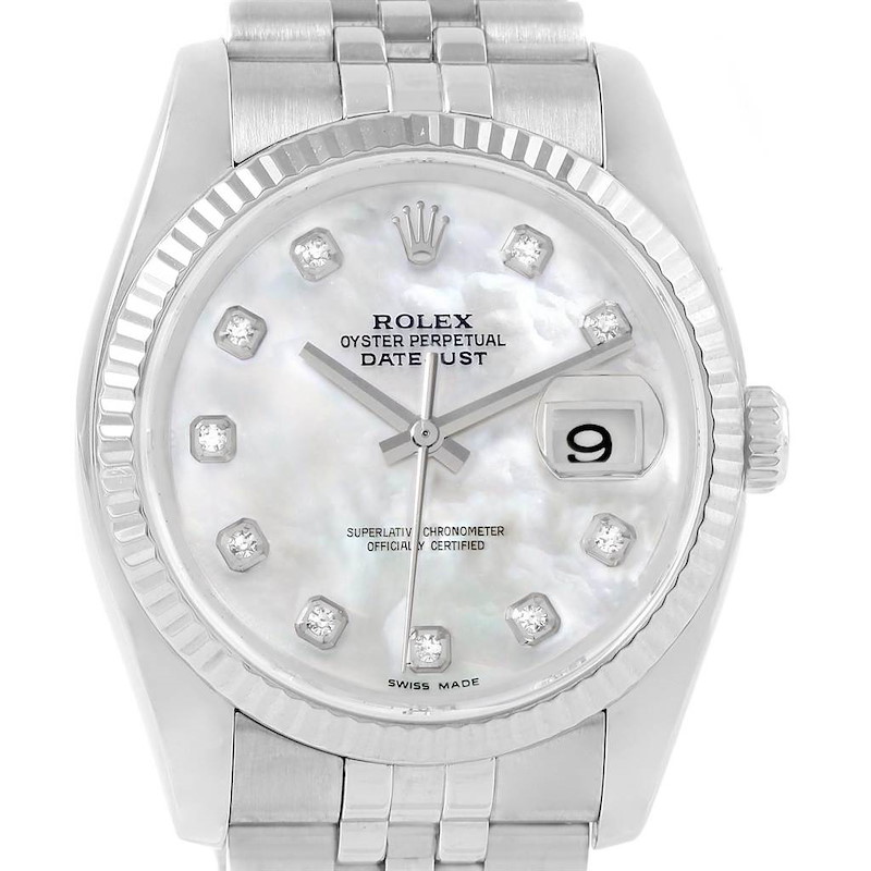Rolex Datejust Steel White Gold MOP Diamond Dial Watch 116234 Box Papers SwissWatchExpo