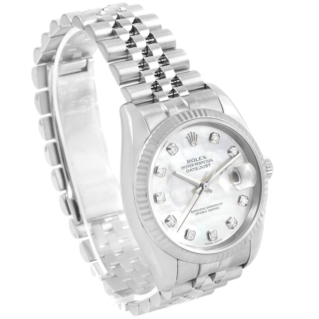The image shows a Rolex Datejust 116234 Men
s Stainless Steel Mother of Pearl Dial 116234 Men
s Stainless Steel Mother of Pearl Dial watch at an angle highlighting its face, bezel, and part of the bracelet.