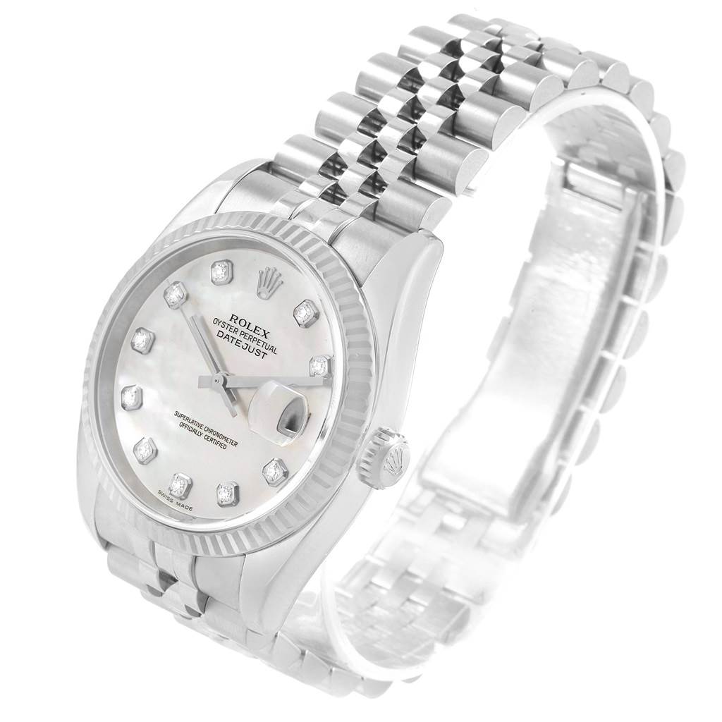 The image shows a Rolex Datejust 116234 Men
s Stainless Steel Mother of Pearl Dial 116234 Men
s Stainless Steel Mother of Pearl Dial watch at a slight angle, highlighting the dial, bezel, and part of the bracelet.