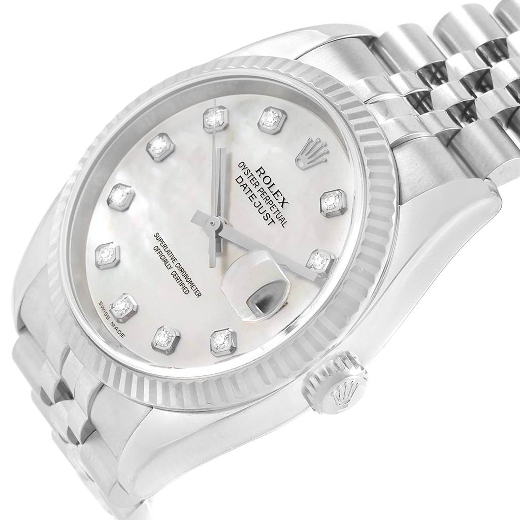 The image shows a close-up angle of a Rolex Datejust 116234 Men
s Stainless Steel Mother of Pearl Dial 116234 Men
s Stainless Steel Mother of Pearl Dial watch dial and partial bracelet, highlighting the crown and date magnifier.