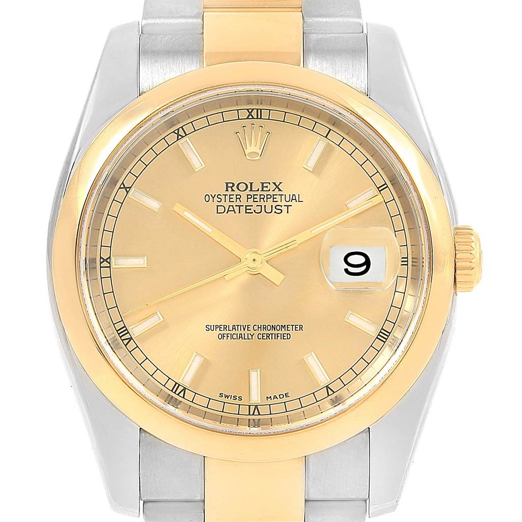 This image shows a front view of the dial and bezel of a Rolex Datejust 116203 Men
s Stainless Steel Champagne Dial 116203 Men
s Stainless Steel Champagne Dial watch.