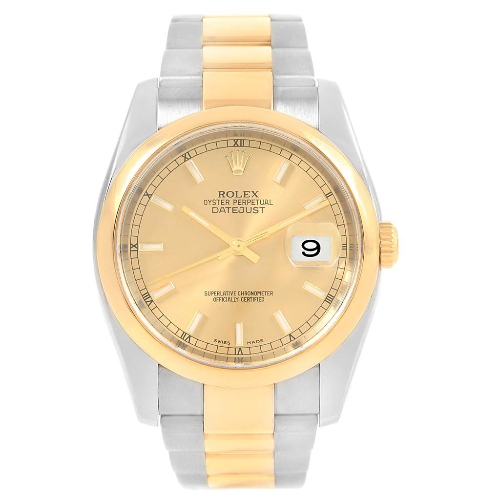 The Rolex Datejust 116203 Men
s Stainless Steel Champagne Dial 116203 Men
s Stainless Steel Champagne Dial watch is shown from a front angle, highlighting the dial, bezel, crown, and bracelet.
