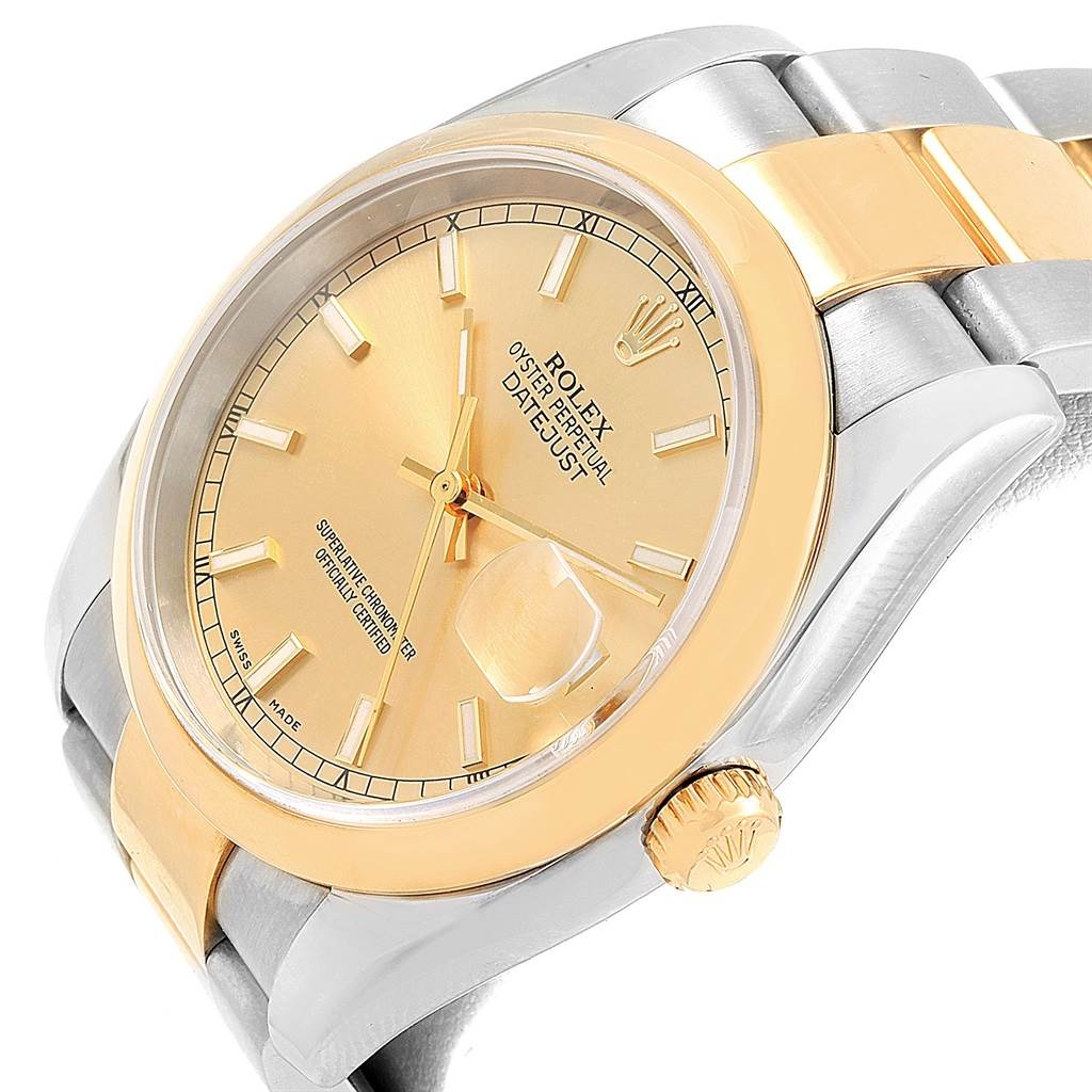 The image shows a Rolex Datejust 116203 Men
s Stainless Steel Champagne Dial 116203 Men
s Stainless Steel Champagne Dial watch at an angle highlighting the face, bezel, bracelet, and winding crown.