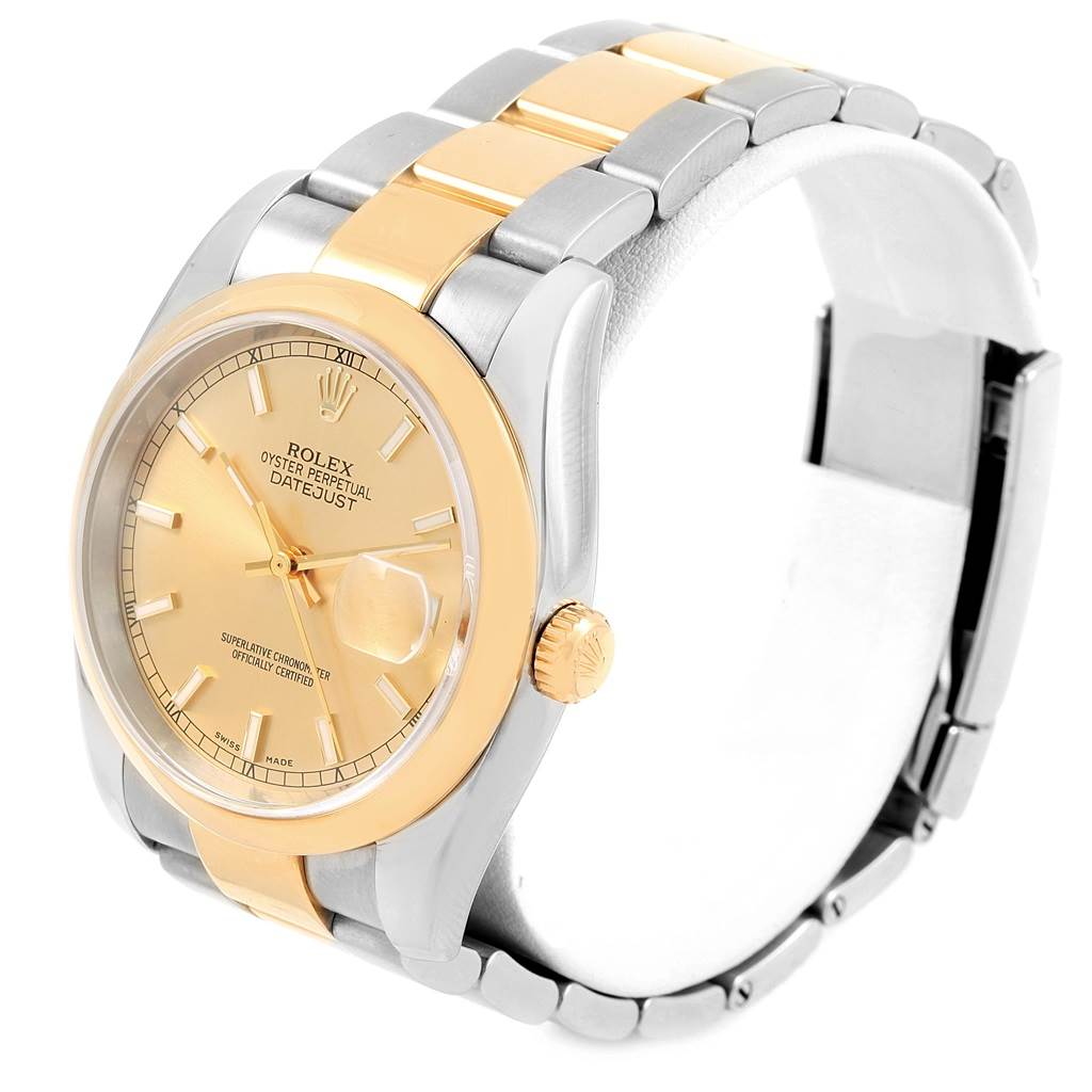 The image shows a Rolex Datejust 116203 Men
s Stainless Steel Champagne Dial 116203 Men
s Stainless Steel Champagne Dial watch from a 3/4 angle, highlighting the gold and silver bracelet, crown, and dial.