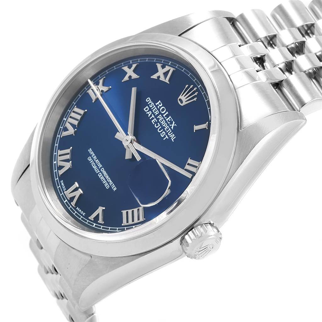 The image shows a front-side angle of a Rolex Datejust 16200 Men's Stainless Steel Blue Dial 16200 Men's Stainless Steel Blue Dial watch, highlighting its blue dial, Roman numerals, and bracelet.