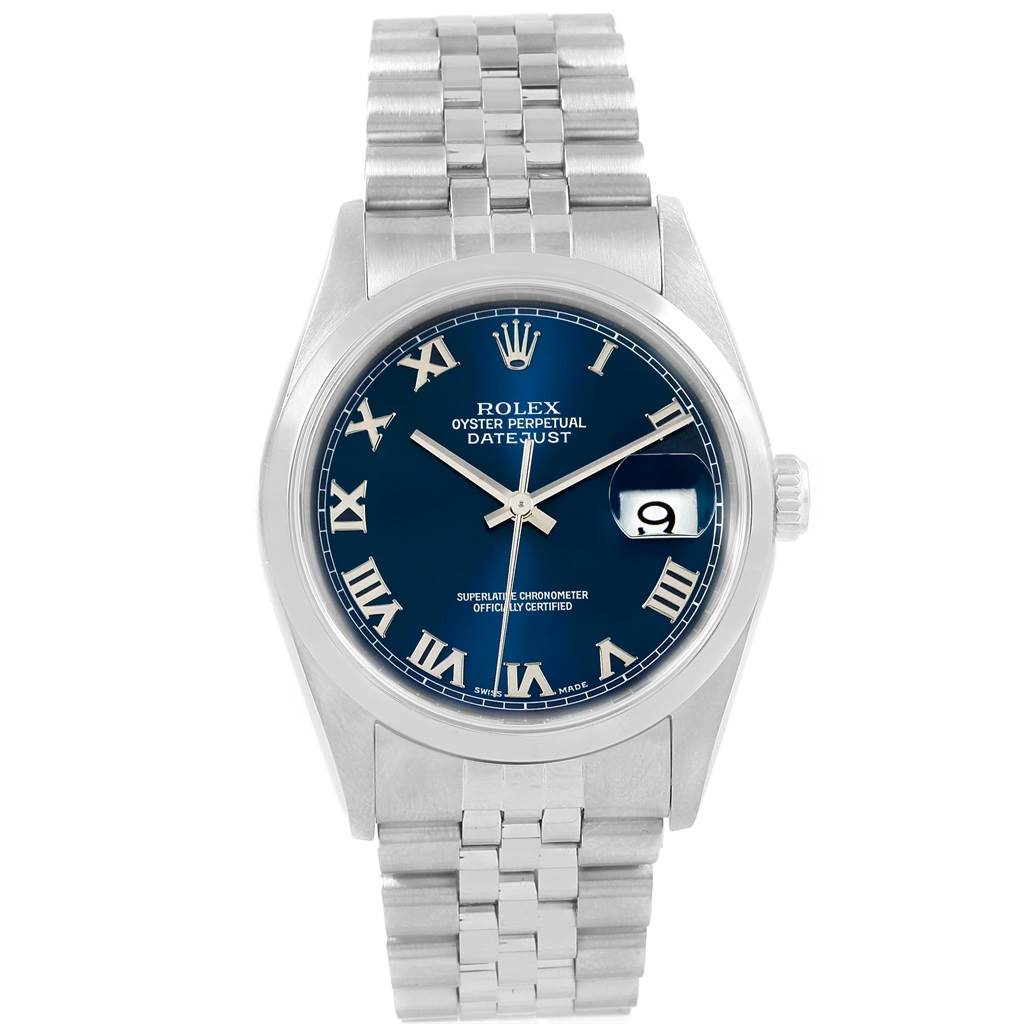 The image shows a head-on view of a Rolex Datejust 16200 Men's Stainless Steel Blue Dial 16200 Men's Stainless Steel Blue Dial watch with a blue dial, Roman numerals, and a Jubilee bracelet.