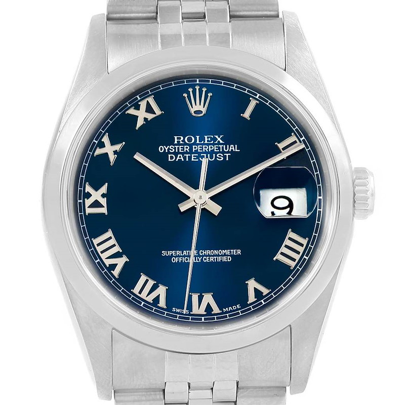 Rolex Datejust 36 Blue Roman Dial Jubilee Bracelet Mens Watch 16200 SwissWatchExpo