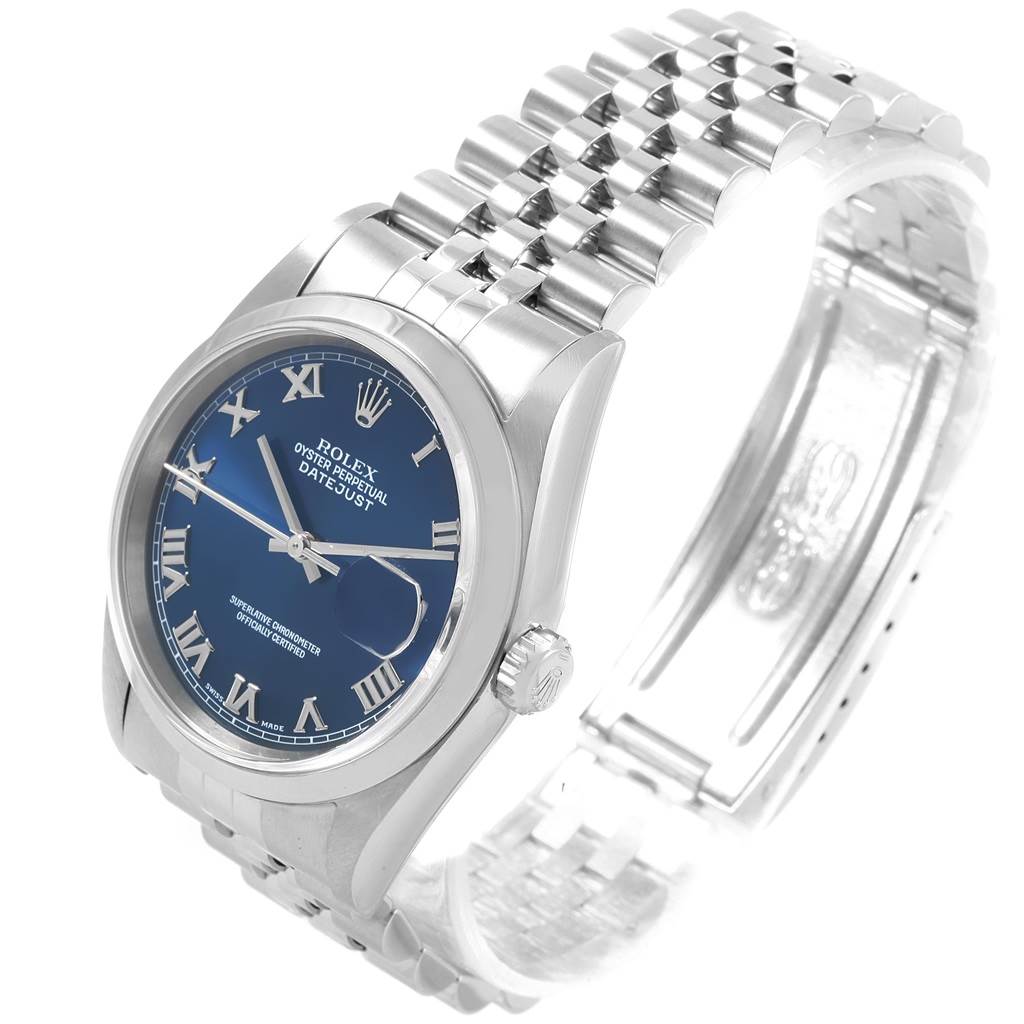 This image shows a Rolex Datejust 16200 Men's Stainless Steel Blue Dial 16200 Men's Stainless Steel Blue Dial watch at a slight side angle, highlighting the blue dial, crown, and part of the bracelet.
