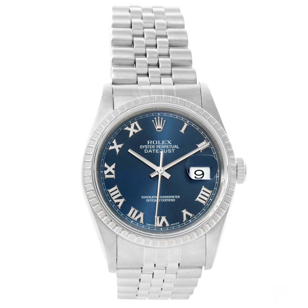 The Rolex Datejust 16220 Men's Stainless Steel Blue Dial 16220 Men's Stainless Steel Blue Dial watch is shown from a frontal angle, displaying its blue dial, Roman numerals, date window, and silver metal bracelet.
