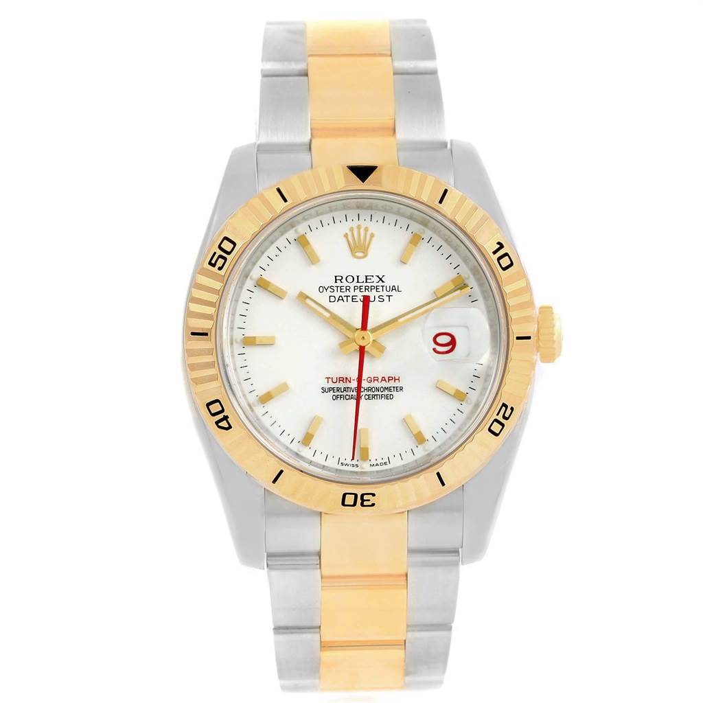 The image shows a Rolex Datejust 116263 Men's Stainless Steel White Dial 116263 Men's Stainless Steel White Dial watch from a front angle, highlighting the bezel, face, and two-tone bracelet.