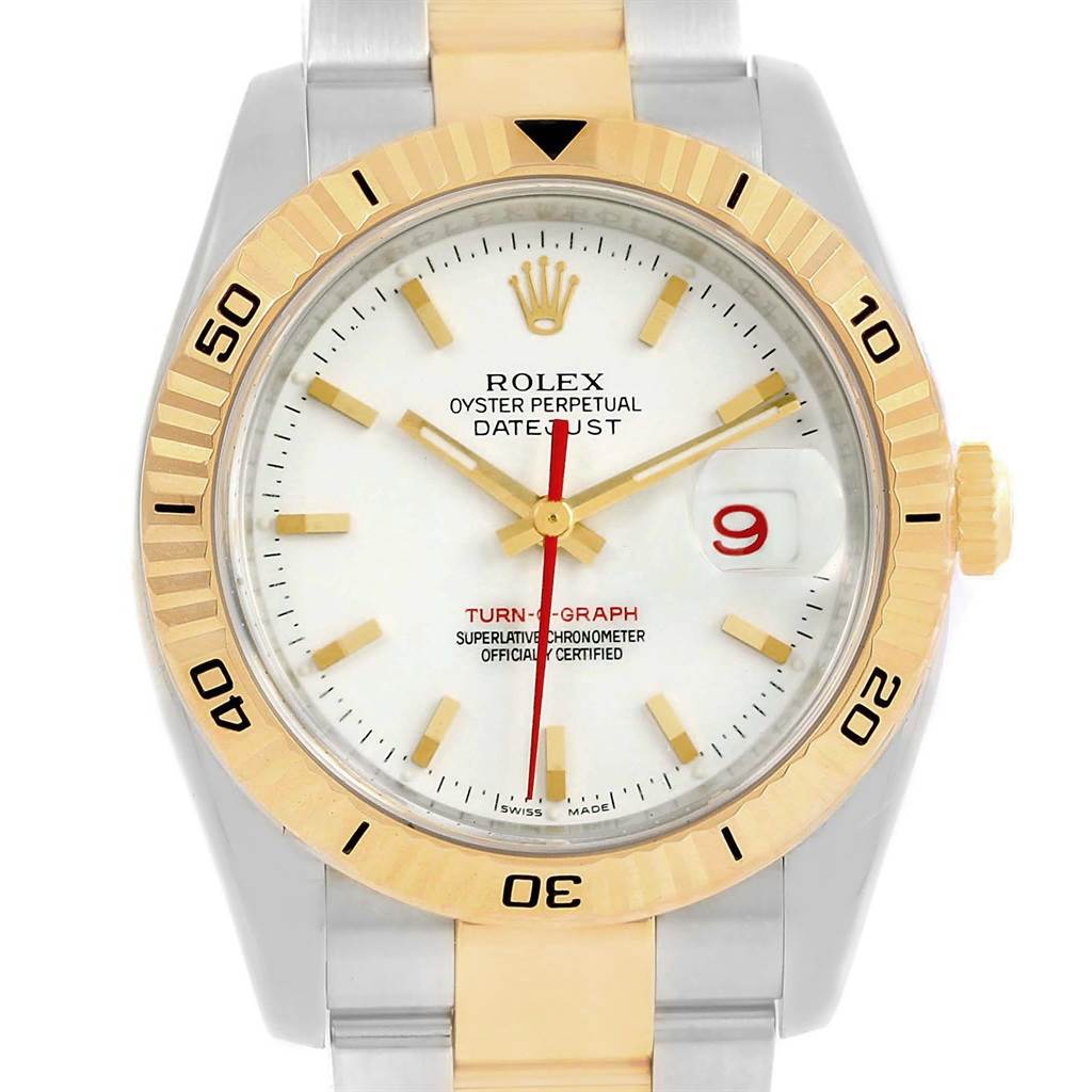 The image shows a Rolex Datejust 116263 Men's Stainless Steel White Dial 116263 Men's Stainless Steel White Dial Turn-O-Graph watch with a white dial, gold bezel, gold accents, and a silver and gold bracelet.