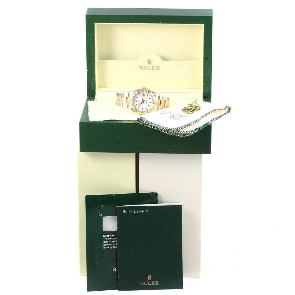 The image shows a Rolex Datejust 116263 Men's Stainless Steel White Dial 116263 Men's Stainless Steel White Dial watch in its box, along with manuals and accessories viewed from a front angle.