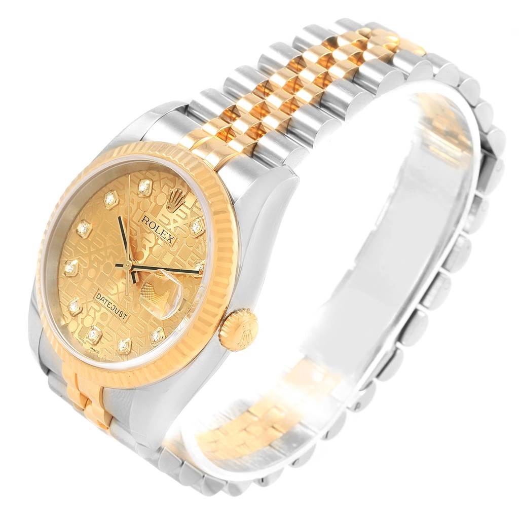The image shows a Rolex Datejust 116233 Men's Stainless Steel Champagne Dial 116233 Men's Stainless Steel Champagne Dial watch at a three-quarter angle, highlighting its gold dial, bezel, crown, and two-tone bracelet.