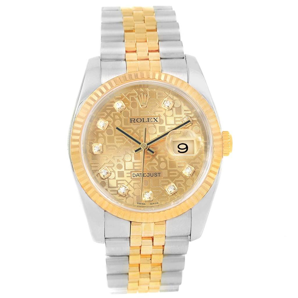 The image shows a front view of a Rolex Datejust 116233 Men's Stainless Steel Champagne Dial 116233 Men's Stainless Steel Champagne Dial watch featuring a two-tone bracelet and a gold dial with a date display.