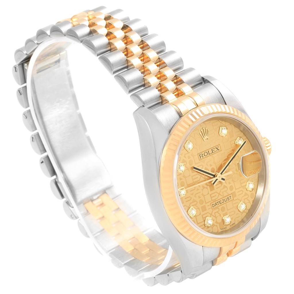 The image shows a side angle of a Rolex Datejust 116233 Men's Stainless Steel Champagne Dial 116233 Men's Stainless Steel Champagne Dial watch, highlighting its two-tone bracelet and gold dial.