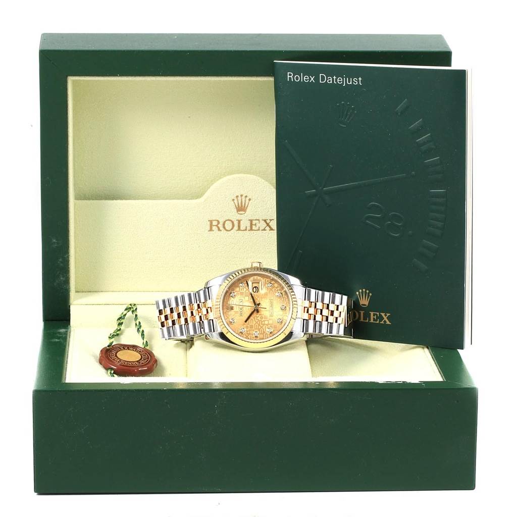 The image shows a Rolex Datejust 116233 Men's Stainless Steel Champagne Dial 116233 Men's Stainless Steel Champagne Dial watch in a box, along with its booklet and a tag.