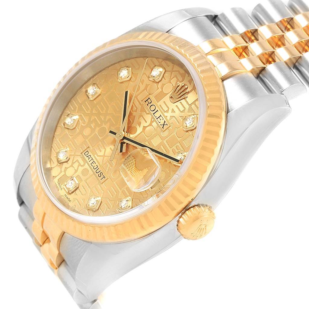 This image shows a Rolex Datejust 116233 Men's Stainless Steel Champagne Dial 116233 Men's Stainless Steel Champagne Dial model watch at a semi-side angle, highlighting the face, dial, bezel, and partially the bracelet.