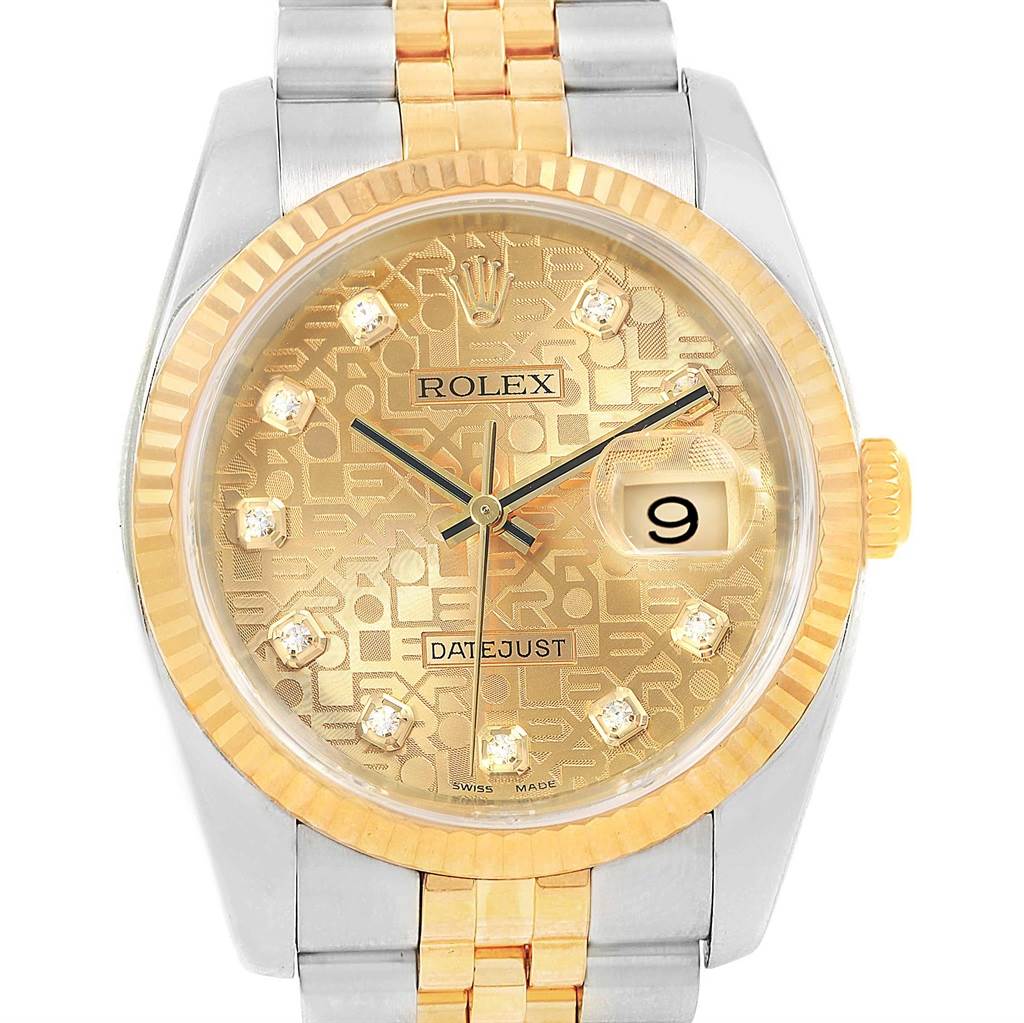 This image shows a frontal view of the Rolex Datejust 116233 Men's Stainless Steel Champagne Dial 116233 Men's Stainless Steel Champagne Dial watch featuring a gold dial, date display, and two-tone bracelet.