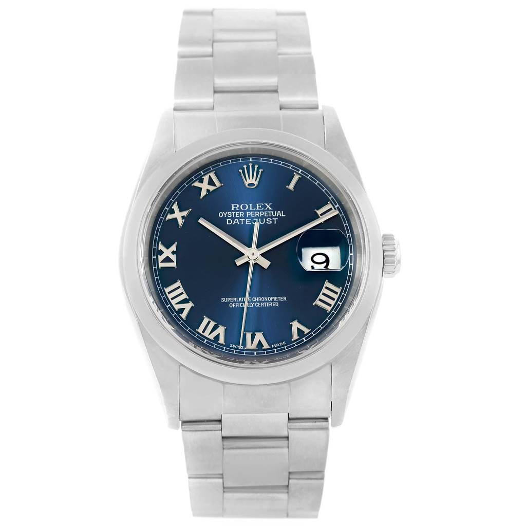This image shows a front view of a Rolex Datejust 16200 Men's Stainless Steel Blue Dial 16200 Men's Stainless Steel Blue Dial watch, displaying its dial, bracelet, and crown.