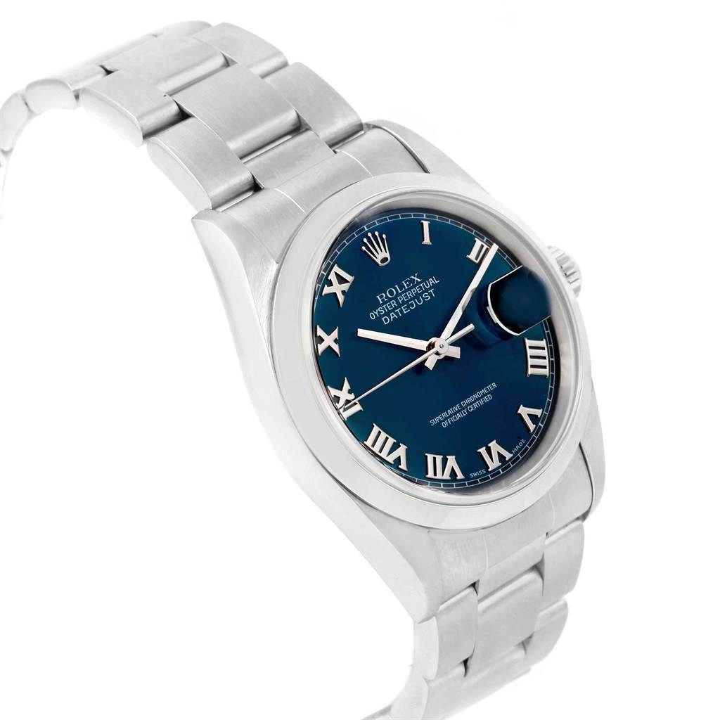 The image shows a Rolex Datejust 16200 Men's Stainless Steel Blue Dial 16200 Men's Stainless Steel Blue Dial watch angled slightly upward, highlighting its blue dial, Roman numeral hour markers, and stainless steel bracelet.