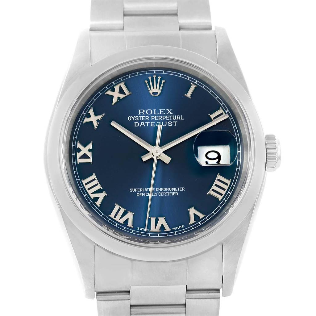 The image shows a front view of a Rolex Datejust 16200 Men's Stainless Steel Blue Dial 16200 Men's Stainless Steel Blue Dial watch featuring a blue dial with Roman numerals and a date display.
