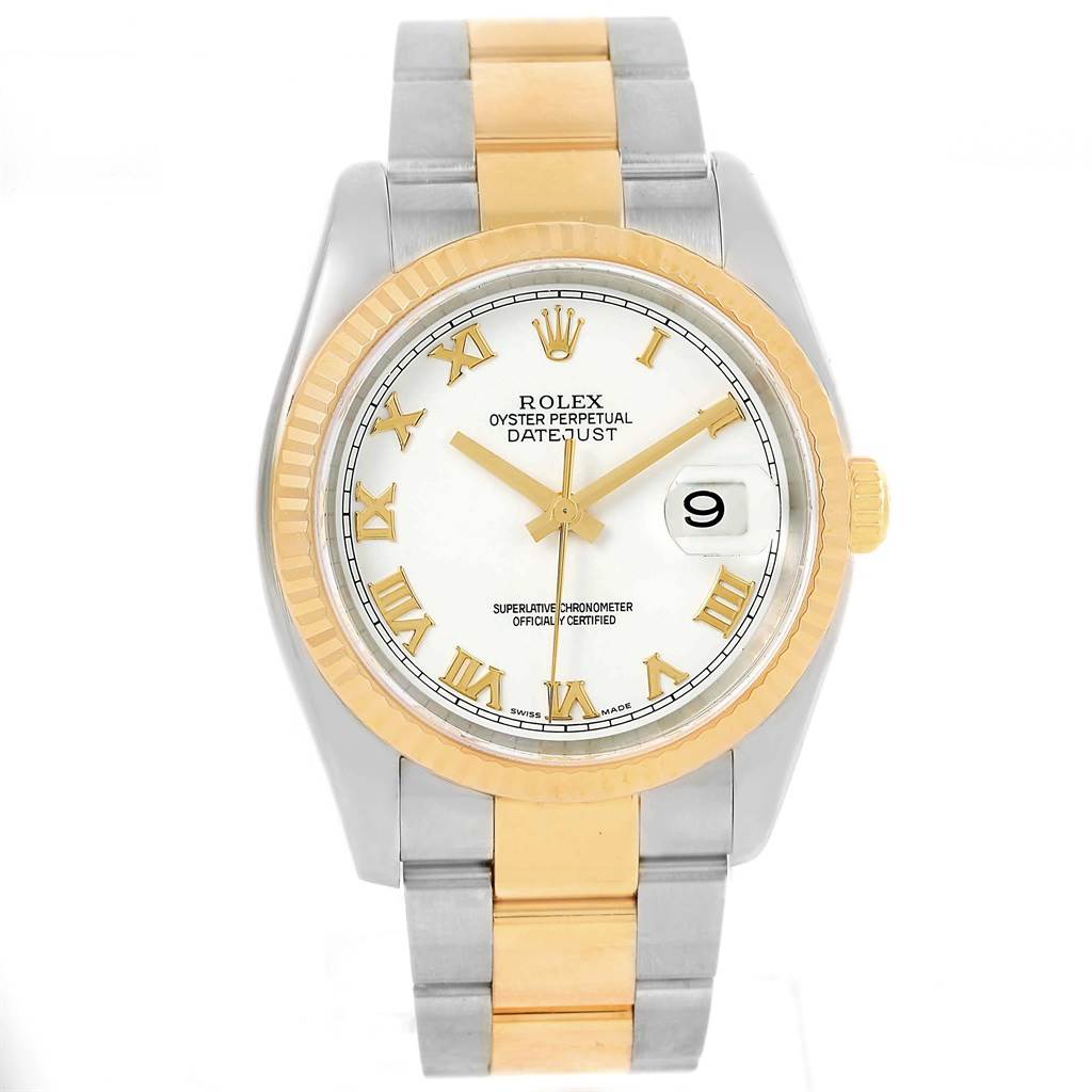 The Rolex Datejust 116233 Men's Stainless Steel White Dial 116233 Men's Stainless Steel White Dial watch is shown from a front angle, highlighting its dial, bezel, and bracelet.