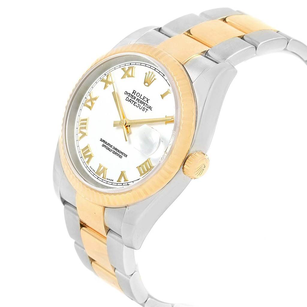 This image shows a Rolex Datejust 116233 Men's Stainless Steel White Dial 116233 Men's Stainless Steel White Dial watch from an angled side view, highlighting its two-tone bracelet, dial, and crown.