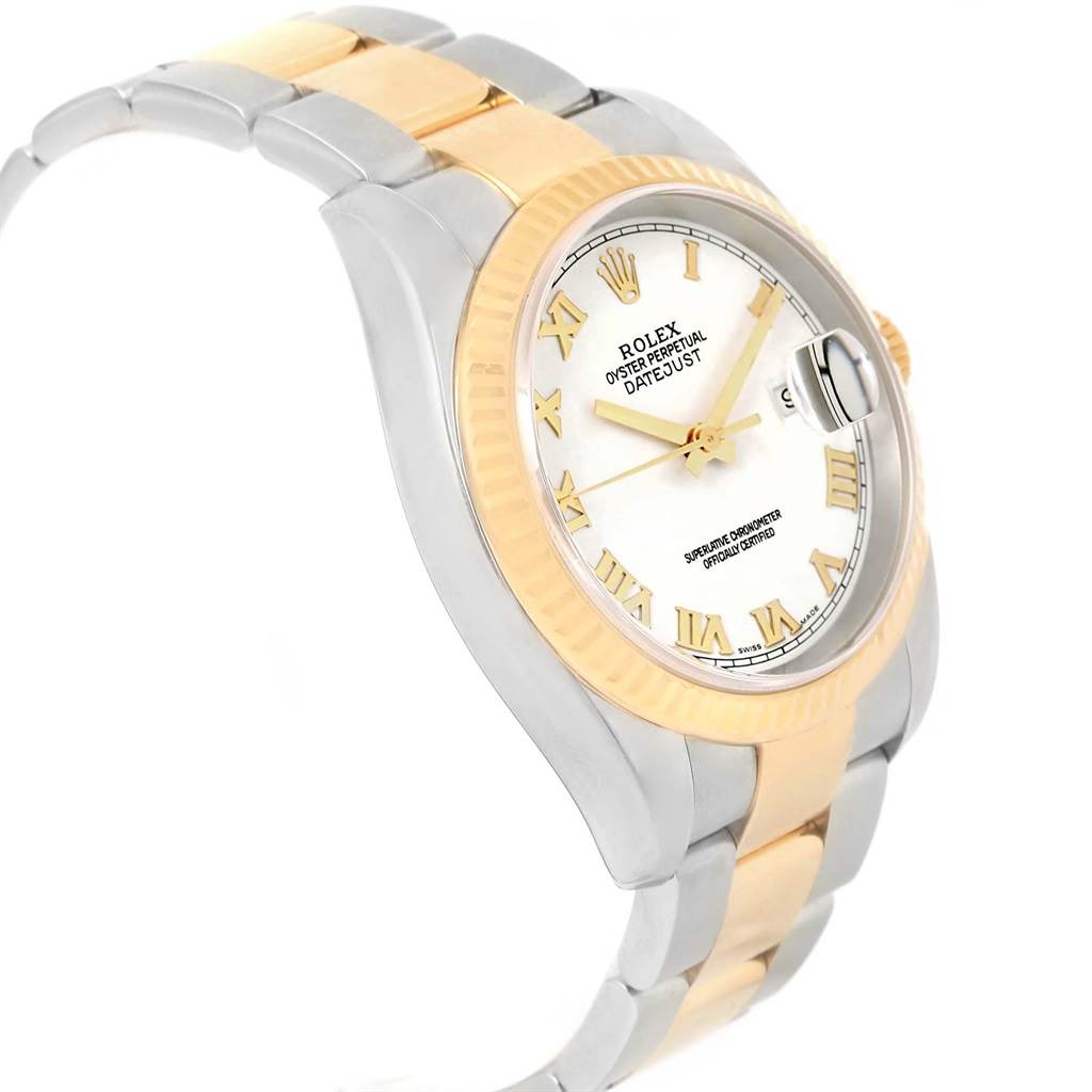 The image shows a side view of a Rolex Datejust 116233 Men's Stainless Steel White Dial 116233 Men's Stainless Steel White Dial watch, featuring a gold and silver bracelet and a white dial with Roman numerals.