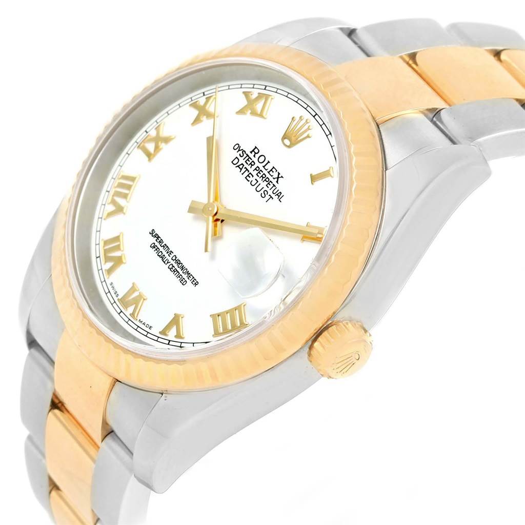 The image shows a close-up of the Rolex Datejust 116233 Men's Stainless Steel White Dial 116233 Men's Stainless Steel White Dial watch, highlighting the dial, bezel, crown, and part of the bracelet.