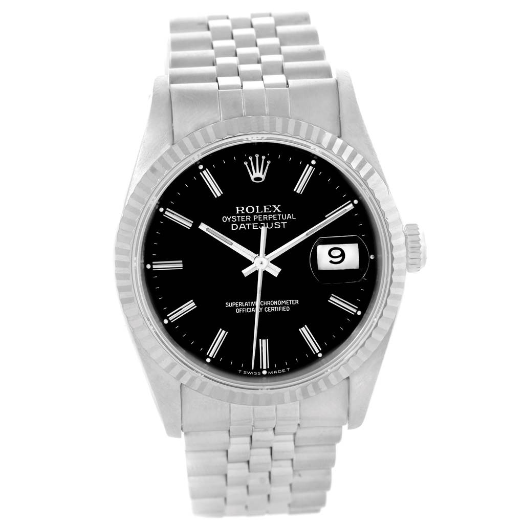The image shows a frontal view of a Rolex Datejust 16234 Men's Stainless Steel Black Dial 16234 Men's Stainless Steel Black Dial watch, displaying the black dial, date window, and jubilee bracelet.