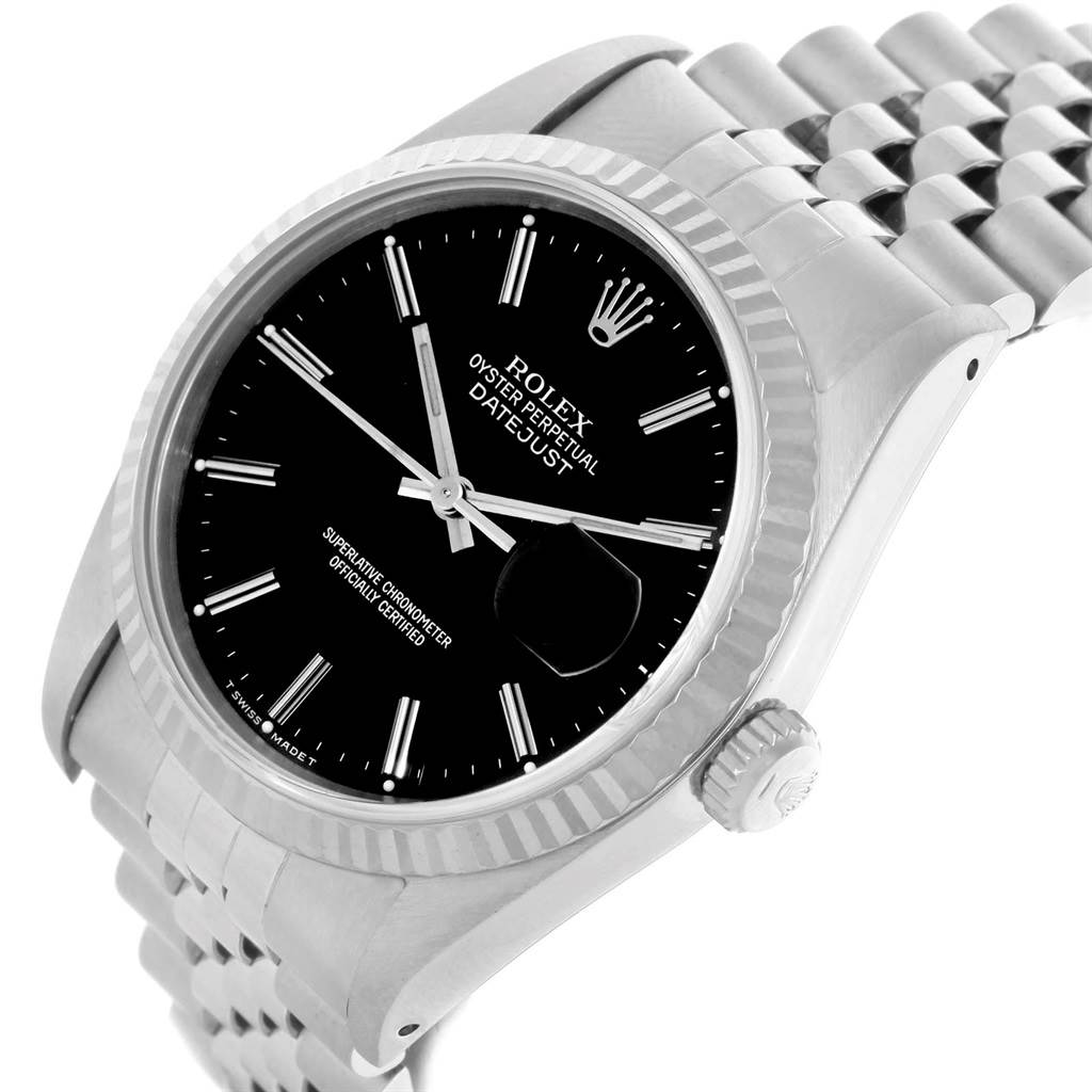 The image shows a close-up side angle of the Rolex Datejust 16234 Men's Stainless Steel Black Dial 16234 Men's Stainless Steel Black Dial watch, highlighting the dial, crown, and part of the bracelet.