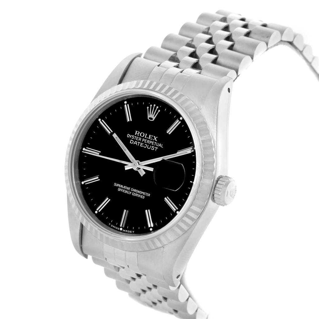 This image shows a Rolex Datejust 16234 Men's Stainless Steel Black Dial 16234 Men's Stainless Steel Black Dial watch at a slight angle, displaying the dial, bezel, crown, and part of the bracelet.