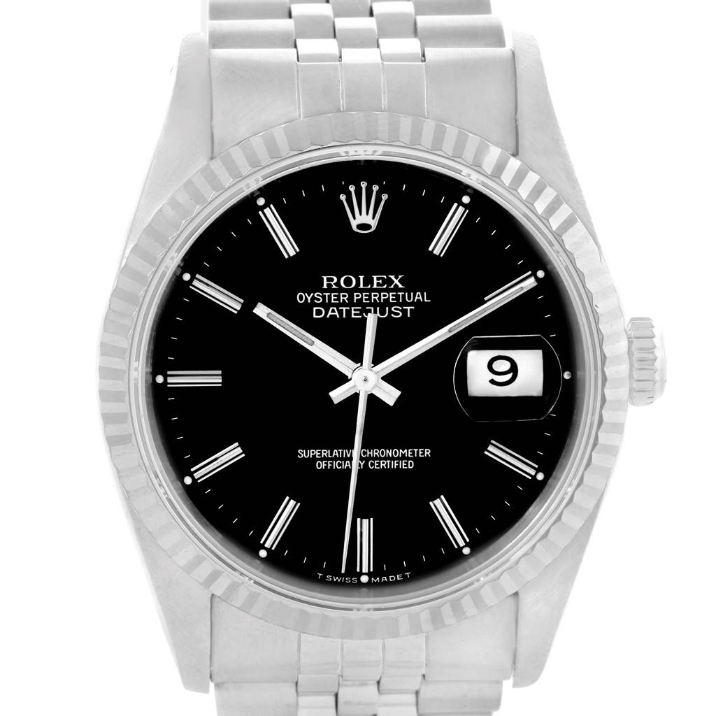 The image shows a frontal view of the Rolex Datejust 16234 Men's Stainless Steel Black Dial 16234 Men's Stainless Steel Black Dial watch, highlighting the black dial, date window, fluted bezel, and bracelet.