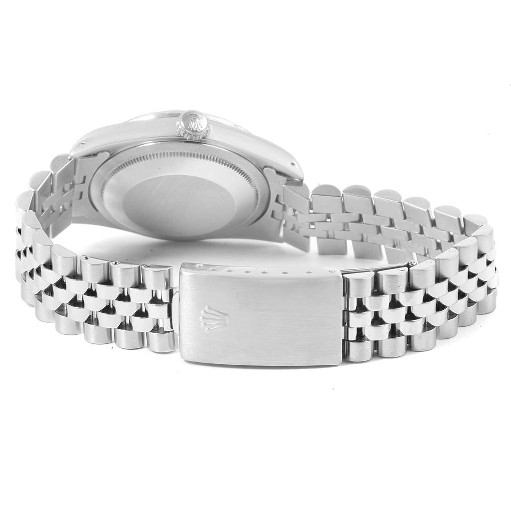 The image shows the back of a Rolex Datejust 16234 Men's Stainless Steel Black Dial 16234 Men's Stainless Steel Black Dial watch, highlighting the case back and bracelet clasp.