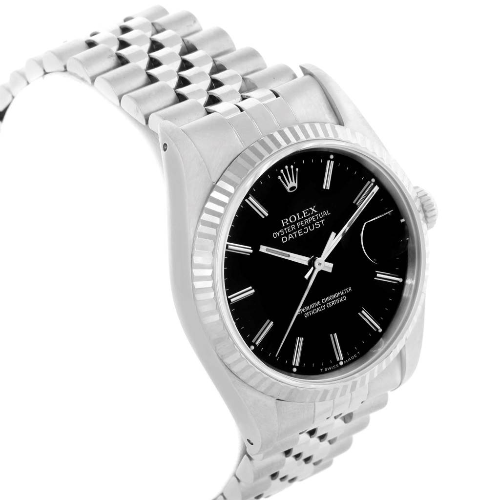The image shows a Rolex Datejust 16234 Men's Stainless Steel Black Dial 16234 Men's Stainless Steel Black Dial watch in a three-quarter angle, featuring the bracelet, case, bezel, and black dial.
