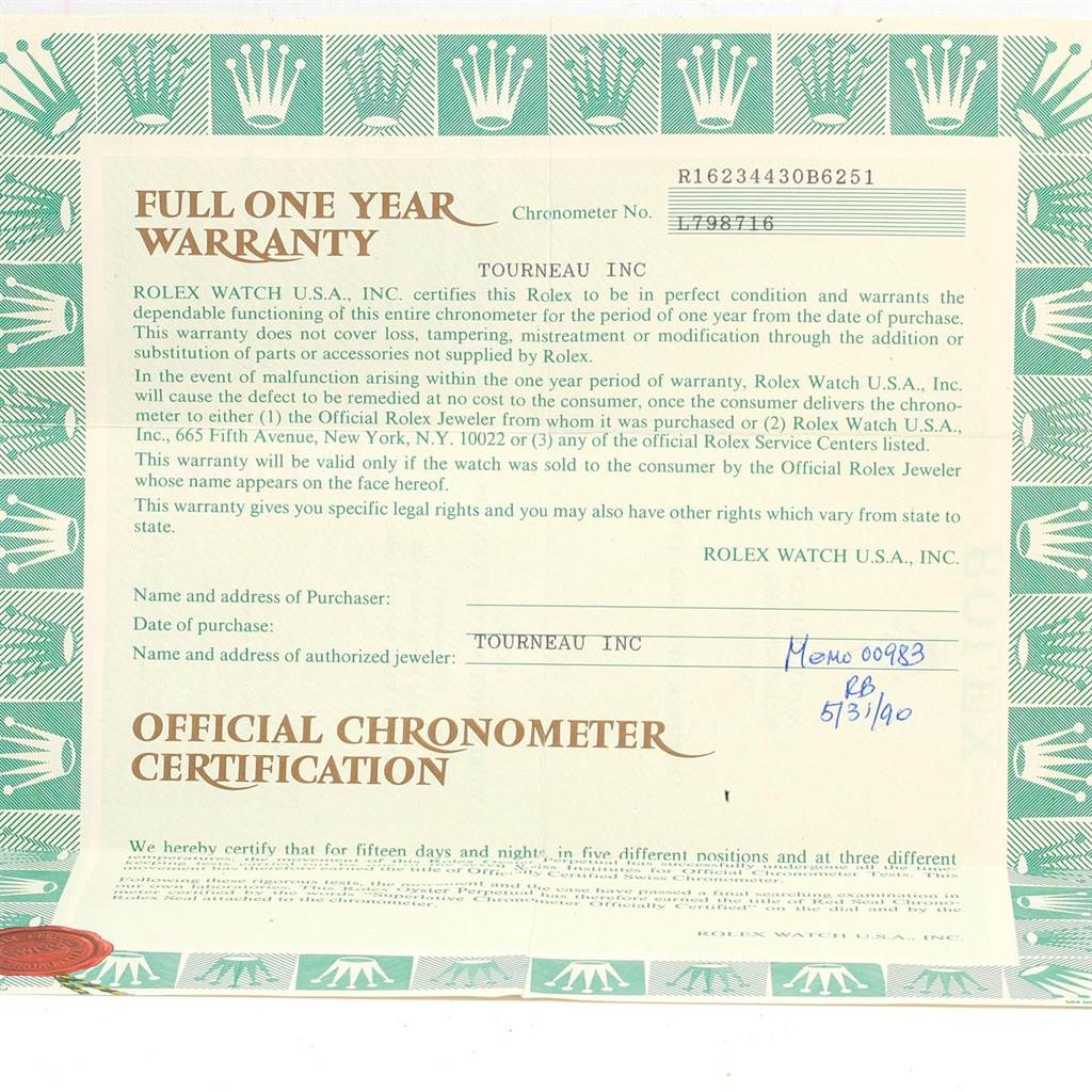 The image shows the warranty and chronometer certification for the Rolex Datejust 16234 Men's Stainless Steel Black Dial 16234 Men's Stainless Steel Black Dial model.