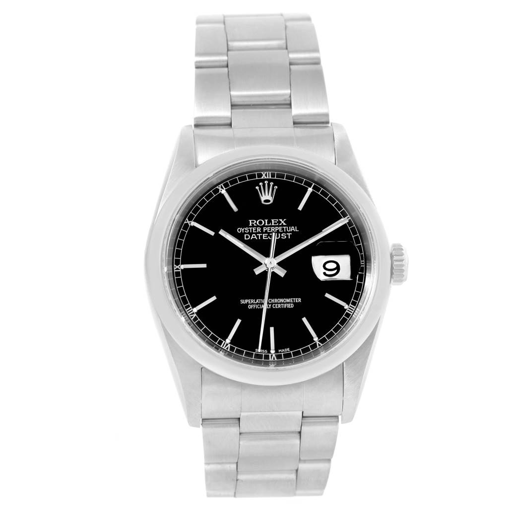 The image shows a front view of a Rolex Datejust 16200 Men's Stainless Steel Black Dial 16200 Men's Stainless Steel Black Dial watch, including the bracelet, dial, hour markers, hands, and date window.