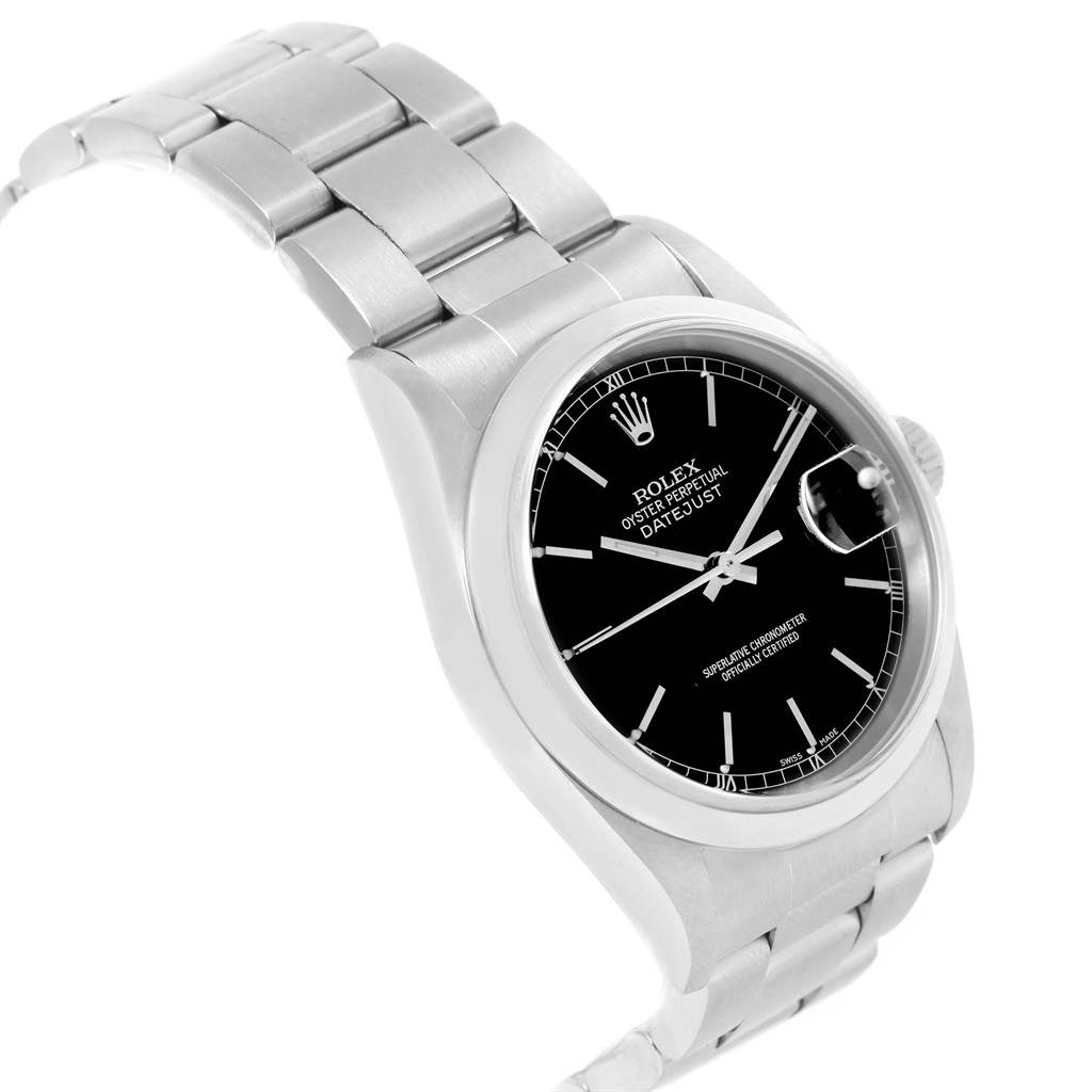 This image shows a side angle of the Rolex Datejust 16200 Men's Stainless Steel Black Dial 16200 Men's Stainless Steel Black Dial watch, highlighting its black dial, bracelet, and case.