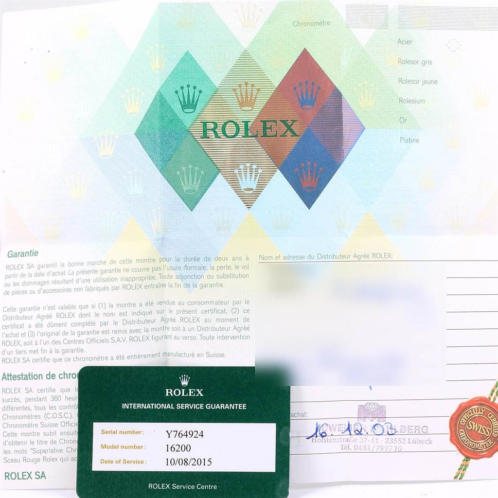 The image shows the warranty card and an international service guarantee card for a Rolex Datejust 16200 Men's Stainless Steel Black Dial 16200 Men's Stainless Steel Black Dial model.