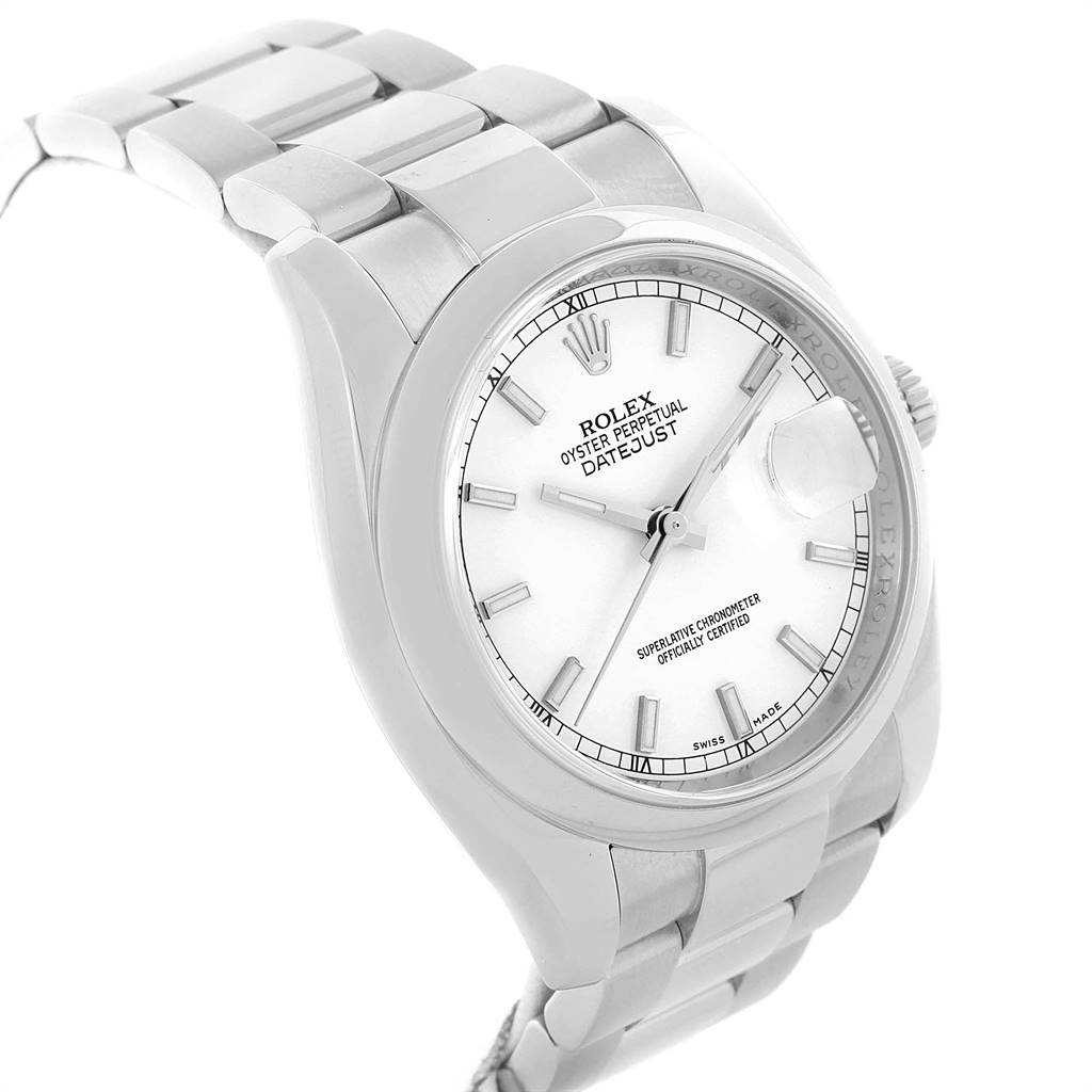 This image shows a Rolex Datejust 116200 Men's Stainless Steel White Dial 116200 Men's Stainless Steel White Dial watch at a slight angle from the front, displaying the dial, bezel, and bracelet.