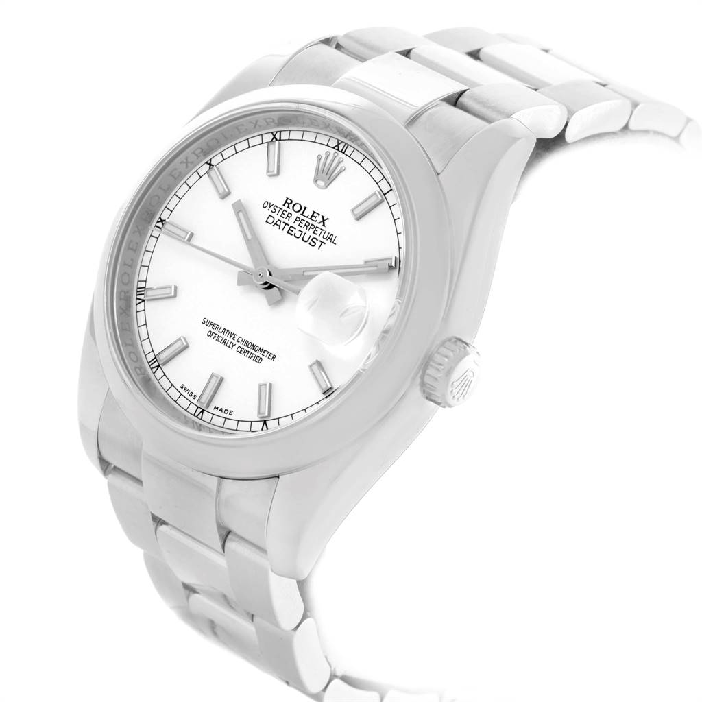 The Rolex Datejust 116200 Men's Stainless Steel White Dial 116200 Men's Stainless Steel White Dial watch is shown at a three-quarter angle, highlighting the dial, crown, and bracelet.