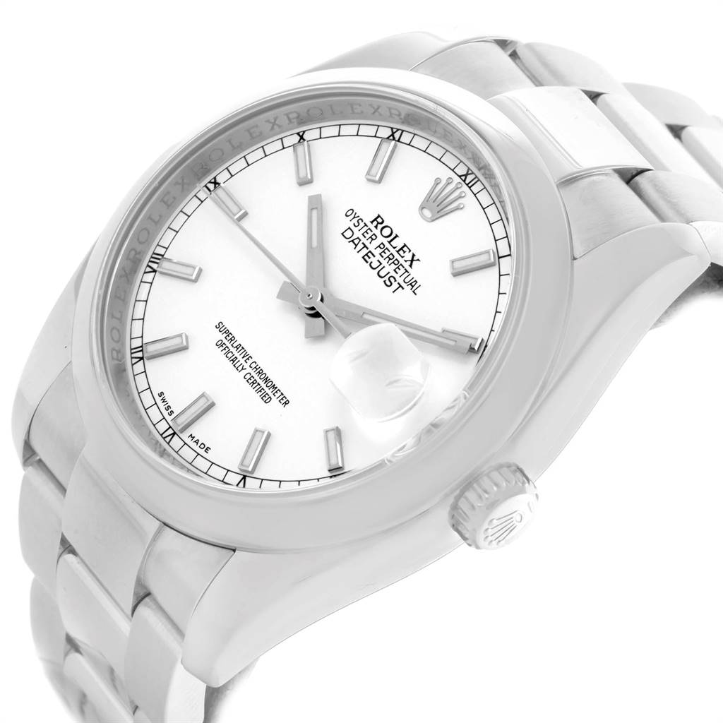 This image shows a close-up angle of a Rolex Datejust 116200 Men's Stainless Steel White Dial 116200 Men's Stainless Steel White Dial watch, highlighting its face, bezel, crown, and part of the bracelet.