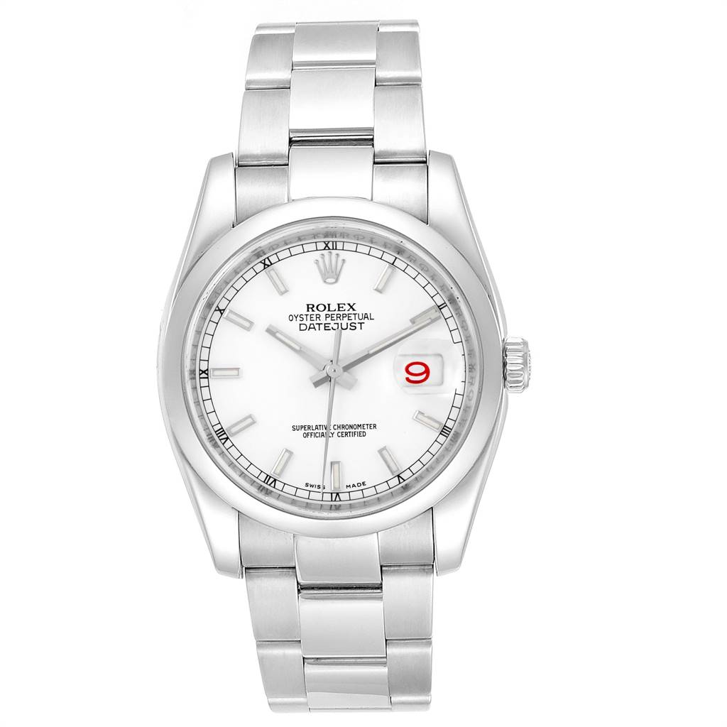 The image shows a frontal view of the Rolex Datejust 116200 Men's Stainless Steel White Dial 116200 Men's Stainless Steel White Dial watch, highlighting the dial, bracelet, and crown.