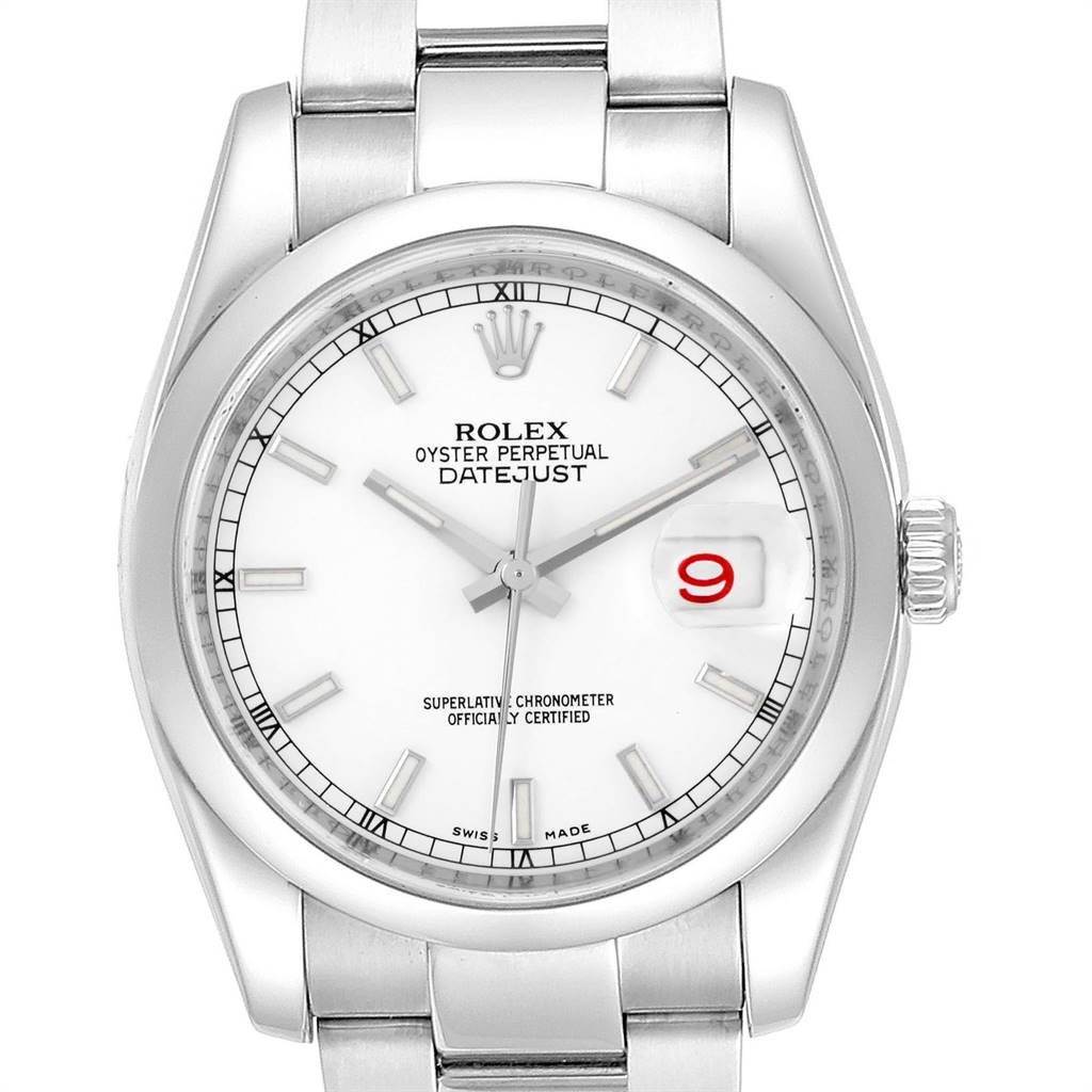The image shows a front view of a Rolex Datejust 116200 Men's Stainless Steel White Dial 116200 Men's Stainless Steel White Dial watch, displaying its dial, hands, date window, and a portion of the bracelet.