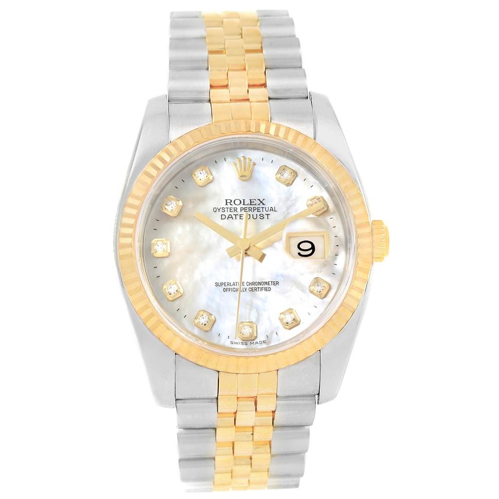 This image shows a Rolex Datejust 116233 Stainless Steel Mother of Pearl Dial 116233 Stainless Steel Mother of Pearl Dial watch from the front, highlighting its dial, bezel, and two-tone bracelet.