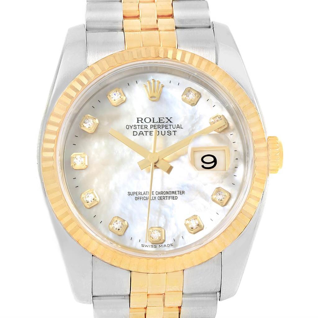This Rolex Datejust 116233 Stainless Steel Mother of Pearl Dial 116233 Stainless Steel Mother of Pearl Dial watch is shown from a front angle, highlighting the dial, bezel, and part of the bracelet.