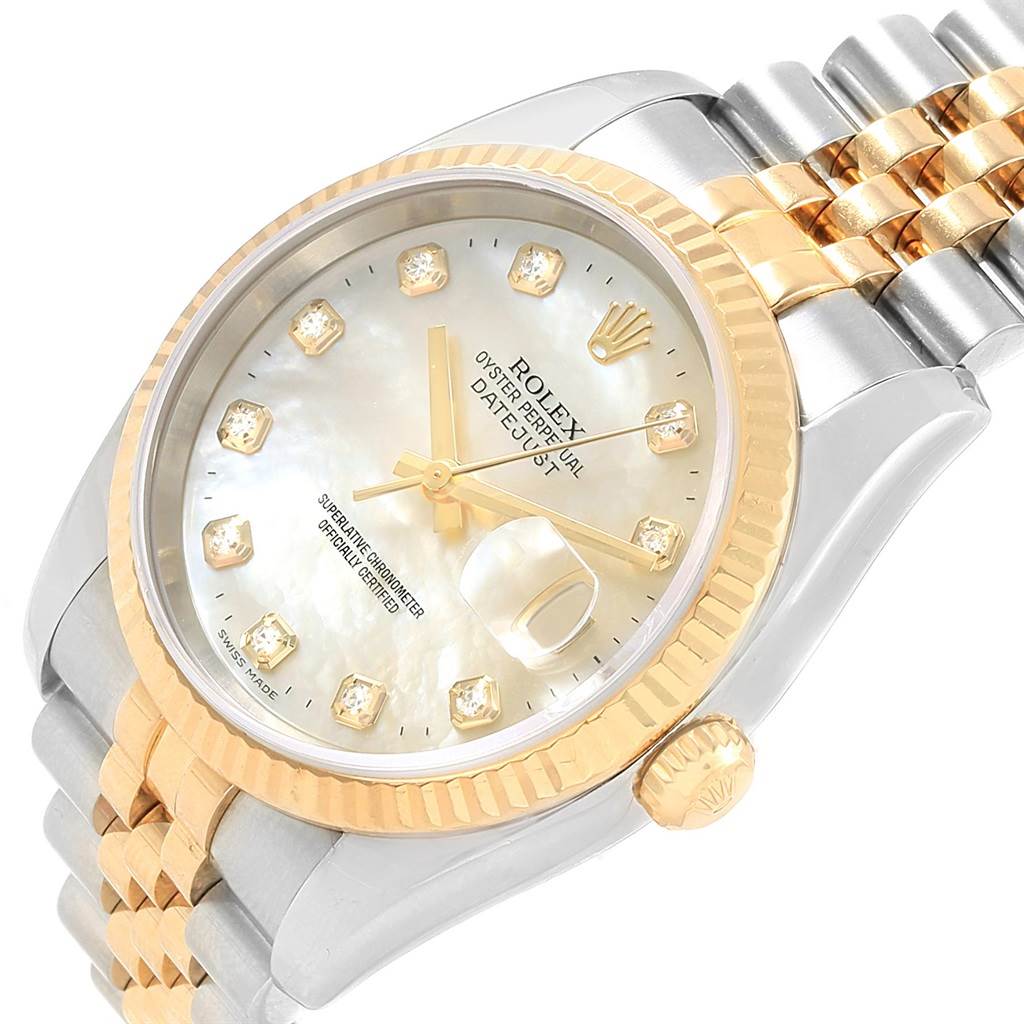 This image shows a Rolex Datejust 116233 Stainless Steel Mother of Pearl Dial 116233 Stainless Steel Mother of Pearl Dial watch at an angle, highlighting the dial, fluted bezel, crown, and part of the Jubilee bracelet.