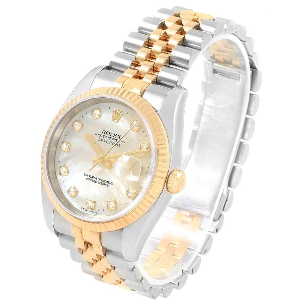 This Rolex Datejust 116233 Stainless Steel Mother of Pearl Dial 116233 Stainless Steel Mother of Pearl Dial watch is shown at a slight angle, highlighting the face, bezel, and bracelet.